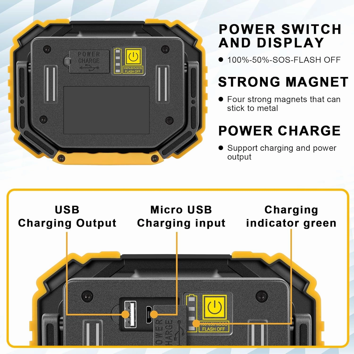 Sunzone LED Work Light - Rechargeable Magnetic Work Lights with Stand - Waterproof, 750 lumens, Job Site Lighting for Camping, Fishing, Car Repair with Emergency Mode (2 Pack)