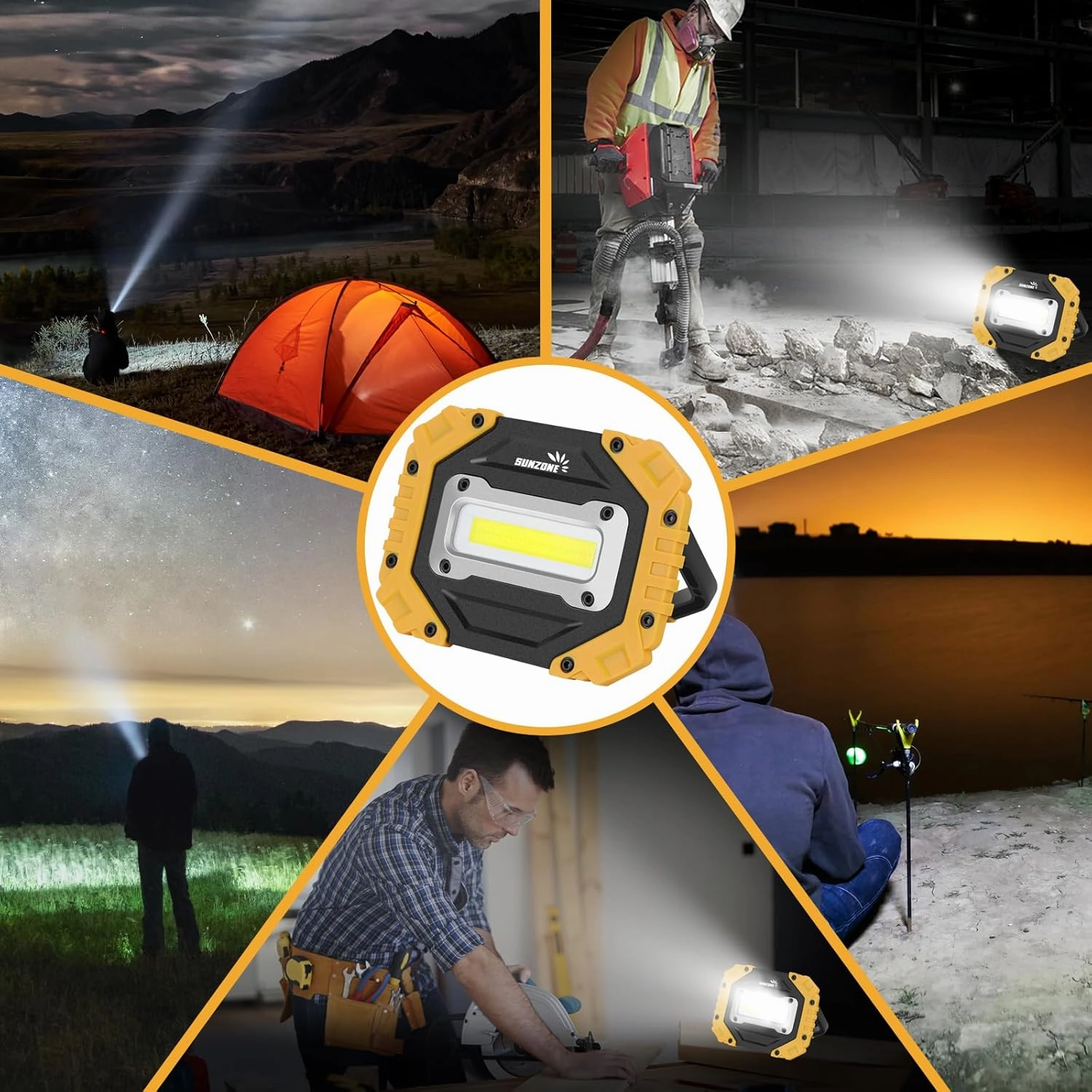 Sunzone LED Work Light - Rechargeable Magnetic Work Lights with Stand - Waterproof, 750 lumens, Job Site Lighting for Camping, Fishing, Car Repair with Emergency Mode (2 Pack)