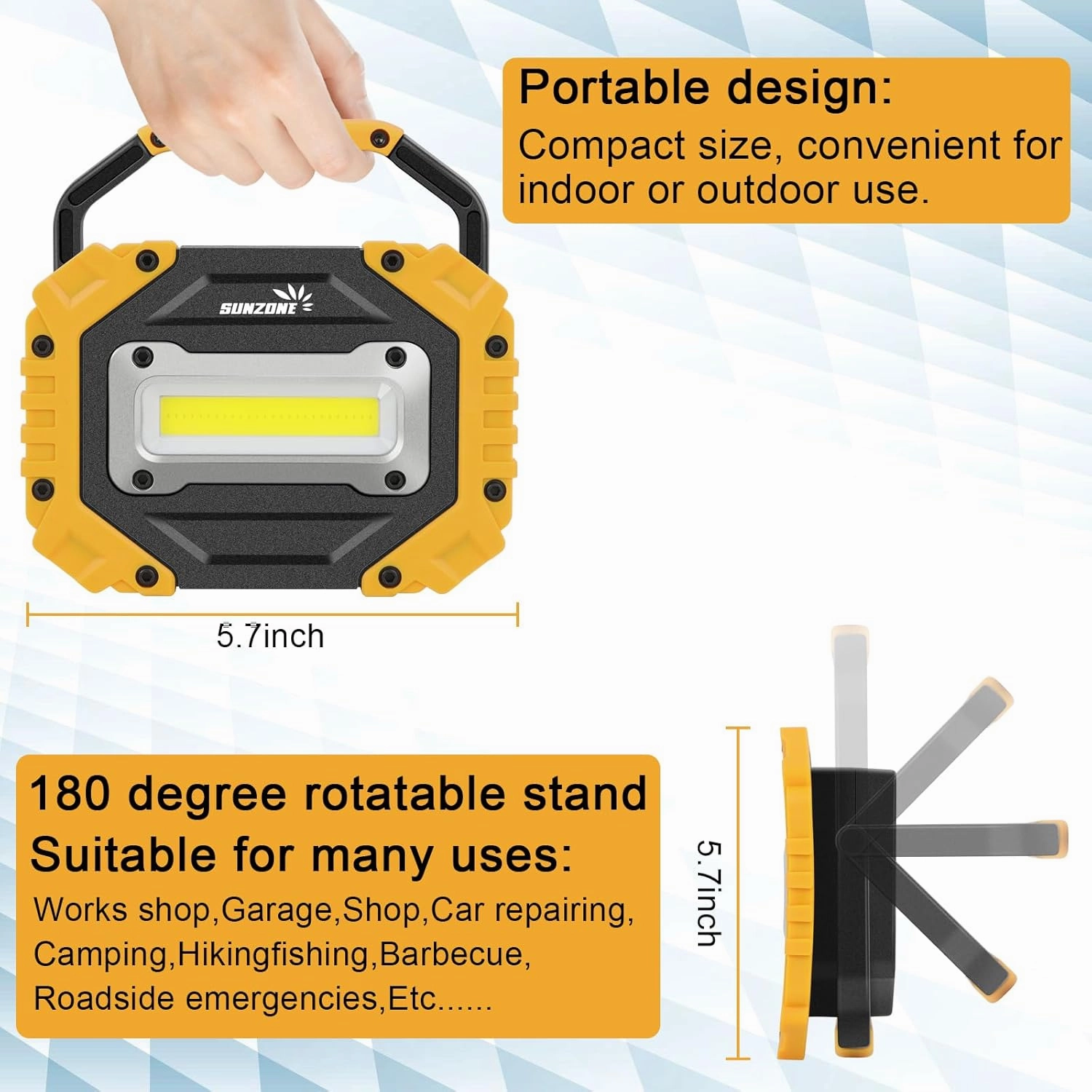 Sunzone LED Work Light - Rechargeable Magnetic Work Lights with Stand - Waterproof, 750 lumens, Job Site Lighting for Camping, Fishing, Car Repair with Emergency Mode (2 Pack)