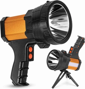 Super Bright Rechargeable Spotlight,Handheld Rechargeable LED Flashlight Ultra-Long Standby Lightweight Tactical Searchlight with USB Output Aluminium Alloy Golden Camping Light (White Light)
