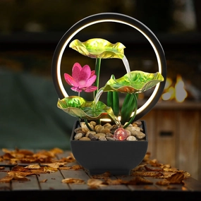 Tabletop Fountain 3-Tiers Leaf,11" Small Waterfall Fountains Indoor Water Fountain with Rocks and Ring Lights,Desktop Fountains for Meditation Relaxation for Bedroom Living Room Office