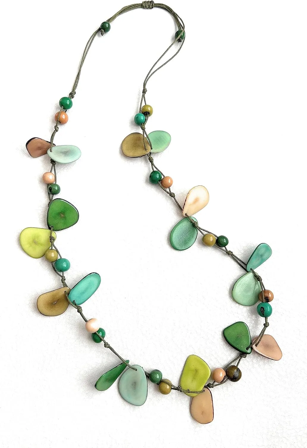 Tagua Nut Necklace in green, beige, brown TAG695, Aadjustable length, long tagua nut jewelry