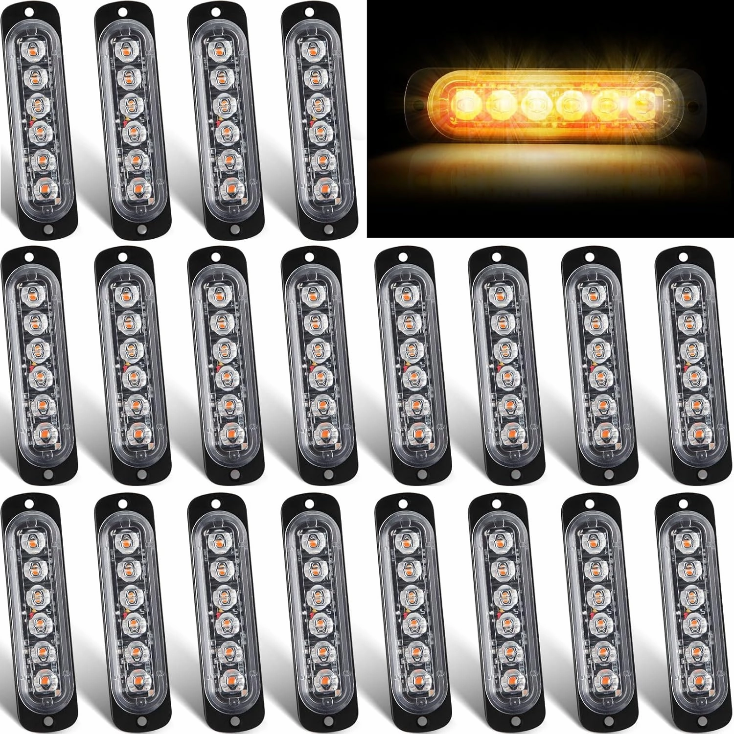 Tallew 20 Pack LED Emergency Strobe Lights 6 LED Amber Surface Mount Flashing Lights Warning Emergency Flashing Lights Construction Caution Lights for Truck off Road Car Firefighter Vehicles ATV SUV