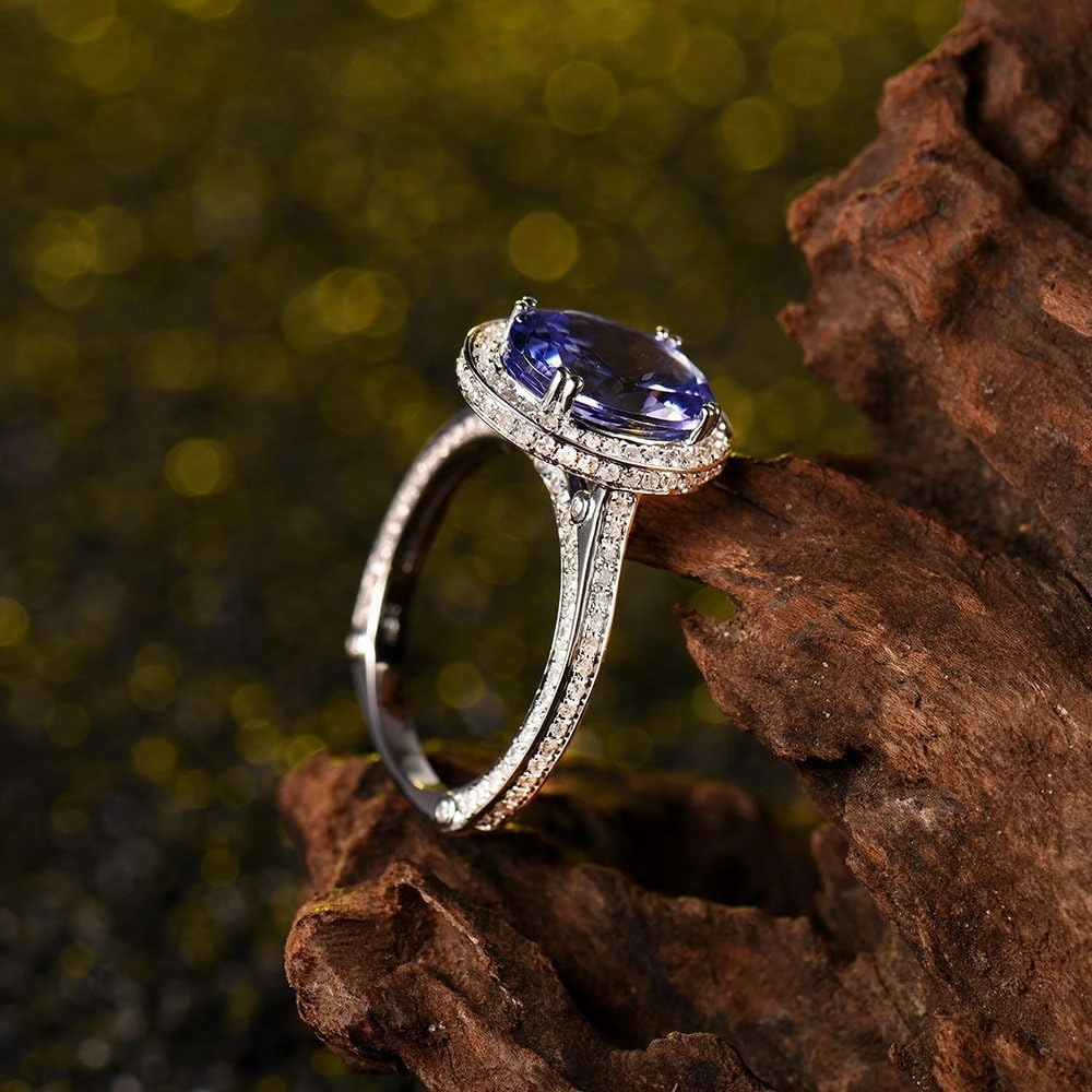 Tanzanite Rings For Women, 14K White Gold Rings - Tanzanite Ring with Diamond, Natural Tanzanite Blue Ring & Real Diamond Gemstone Rings For Couple Engagement Ring