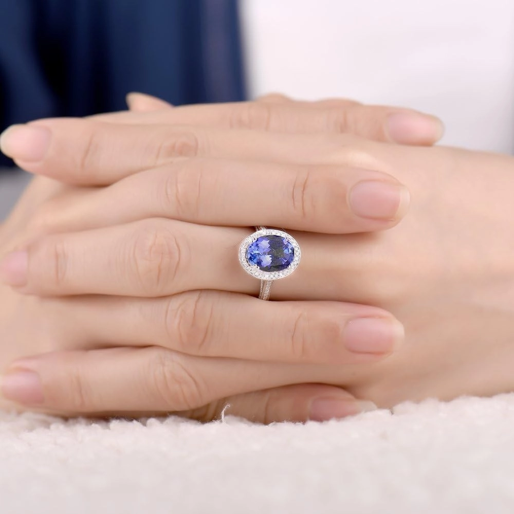 Tanzanite Rings For Women, 14K White Gold Rings - Tanzanite Ring with Diamond, Natural Tanzanite Blue Ring & Real Diamond Gemstone Rings For Couple Engagement Ring