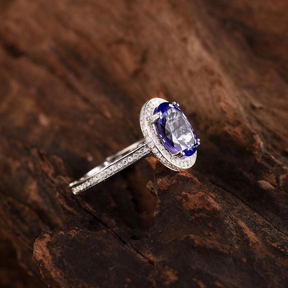 Tanzanite Rings For Women, 14K White Gold Rings - Tanzanite Ring with Diamond, Natural Tanzanite Blue Ring & Real Diamond Gemstone Rings For Couple Engagement Ring