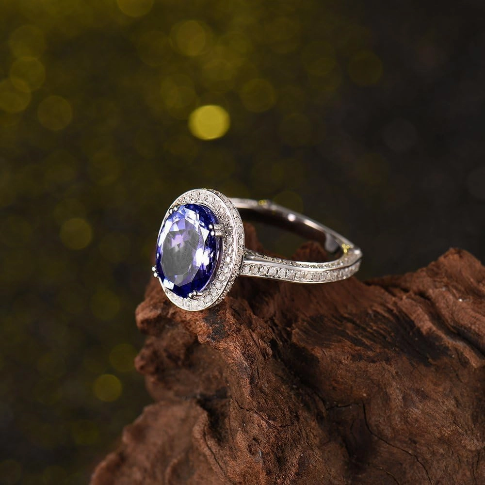 Tanzanite Rings For Women, 14K White Gold Rings - Tanzanite Ring with Diamond, Natural Tanzanite Blue Ring & Real Diamond Gemstone Rings For Couple Engagement Ring