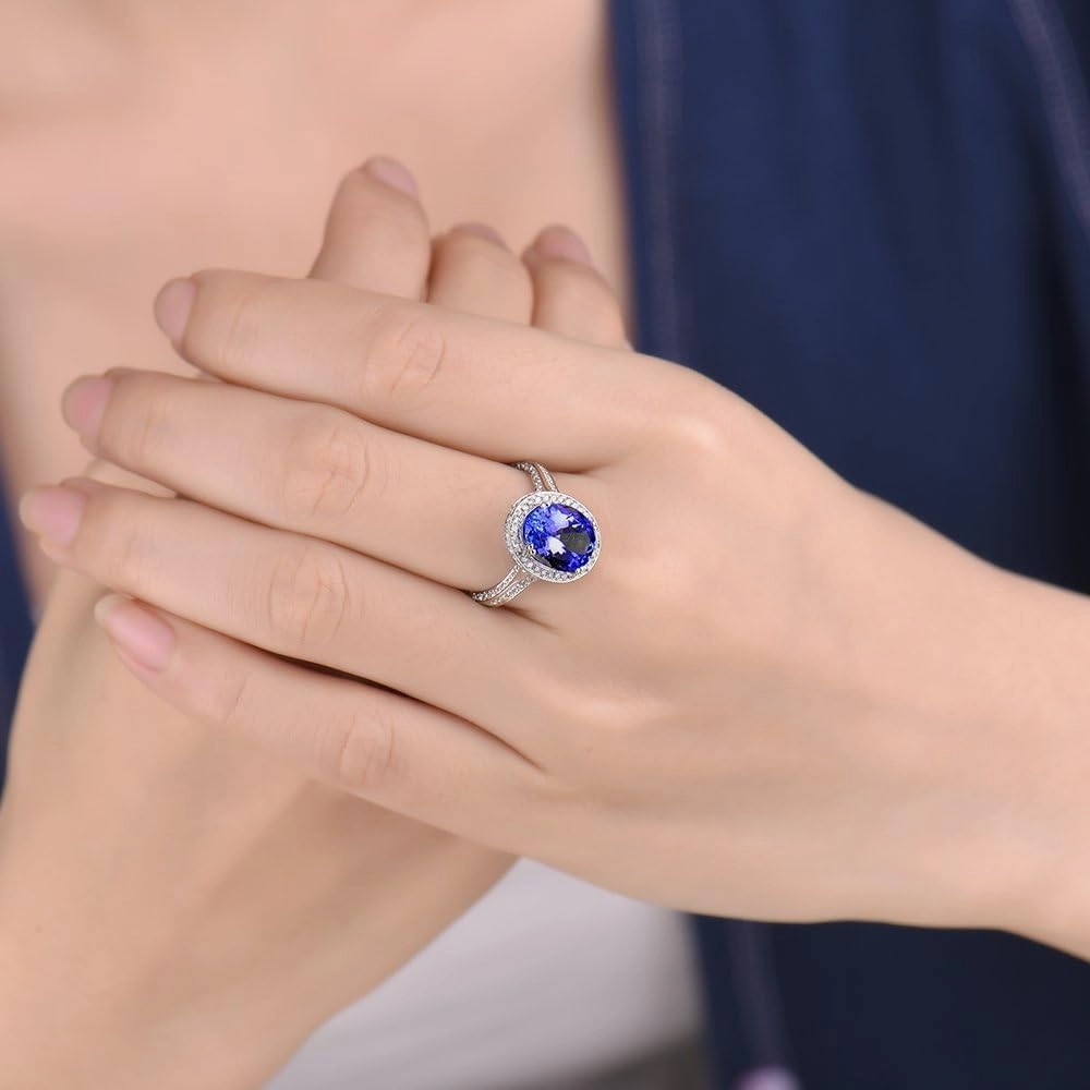 Tanzanite Rings For Women, 14K White Gold Rings - Tanzanite Ring with Diamond, Natural Tanzanite Blue Ring & Real Diamond Gemstone Rings For Couple Engagement Ring