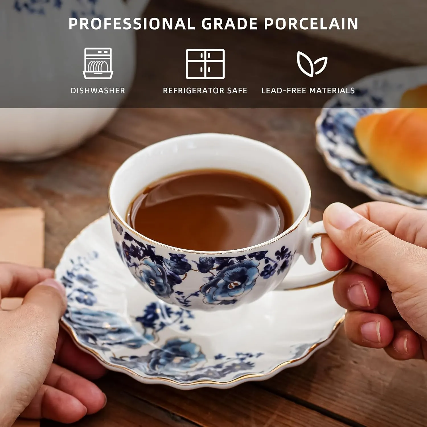 Tea Cup and Saucers, 6.4oz Floral Tea Cups with Gold Trim, Porcelain Bone China Teacup, Coffee Cappuccino Espresso Latte Mugs for Party Birthday,Christmas Gift (White with blue flower)