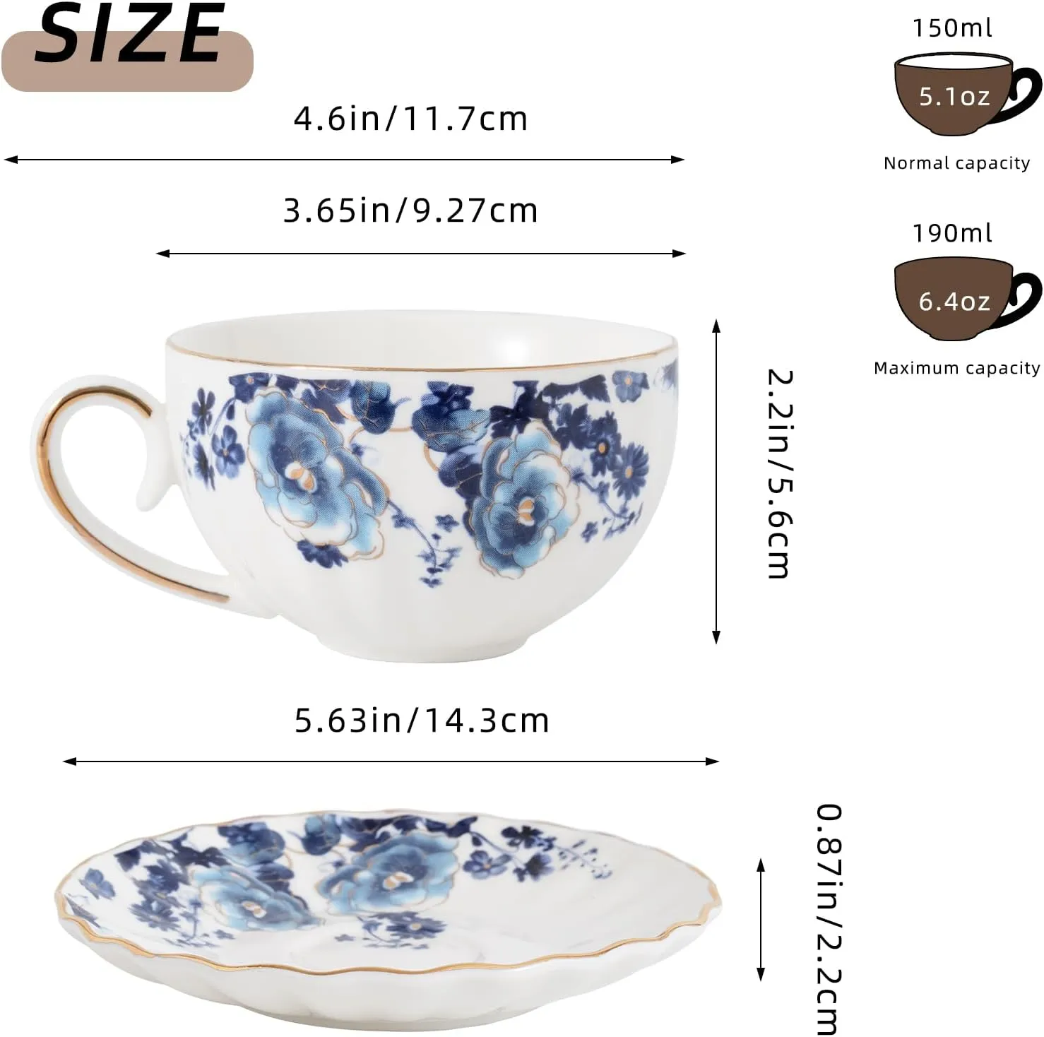 Tea Cup and Saucers, 6.4oz Floral Tea Cups with Gold Trim, Porcelain Bone China Teacup, Coffee Cappuccino Espresso Latte Mugs for Party Birthday,Christmas Gift (White with blue flower)