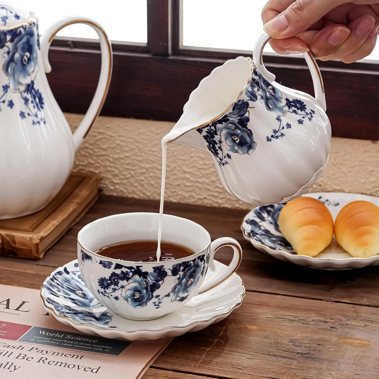 Tea Cup and Saucers, 6.4oz Floral Tea Cups with Gold Trim, Porcelain Bone China Teacup, Coffee Cappuccino Espresso Latte Mugs for Party Birthday,Christmas Gift (White with blue flower)
