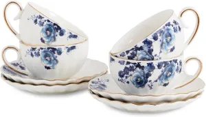 Tea Cup and Saucers, 6.4oz Floral Tea Cups with Gold Trim, Porcelain Bone China Teacup, Coffee Cappuccino Espresso Latte Mugs for Party Birthday,Christmas Gift (White with blue flower)
