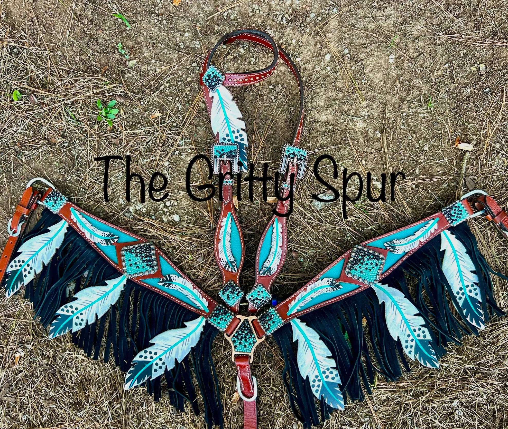 Teal painted feather cutout fringe tack set