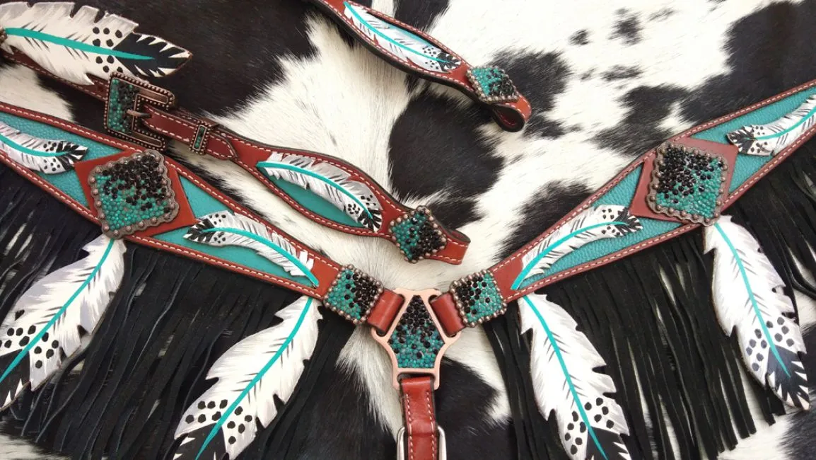 Teal painted feather cutout fringe tack set