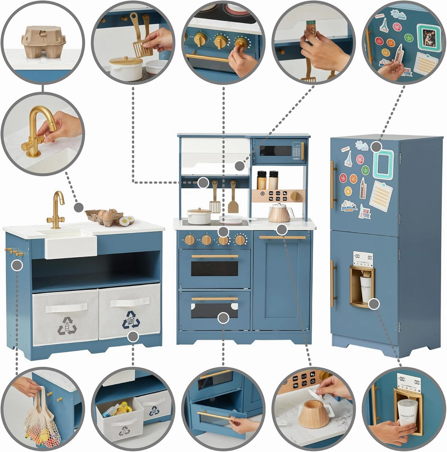 Teamson Kids Little Chef Atlanta Large Modular Wooden Play Kitchen with Interactive, Realistic Features, and 17 Kitchen Accessories, for 3yrs and up, Blue/White/Gold