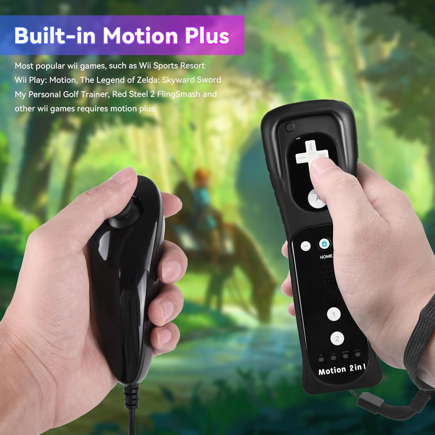 TechKen Wii Controller 2 Pack, Wii Motion Plus Controller with Nunchucks Wii Remote Controller Compatible with Nintendo Wii and Wii U, Built-in Motion Plus Wii Controller with Silicone Case and Wrist