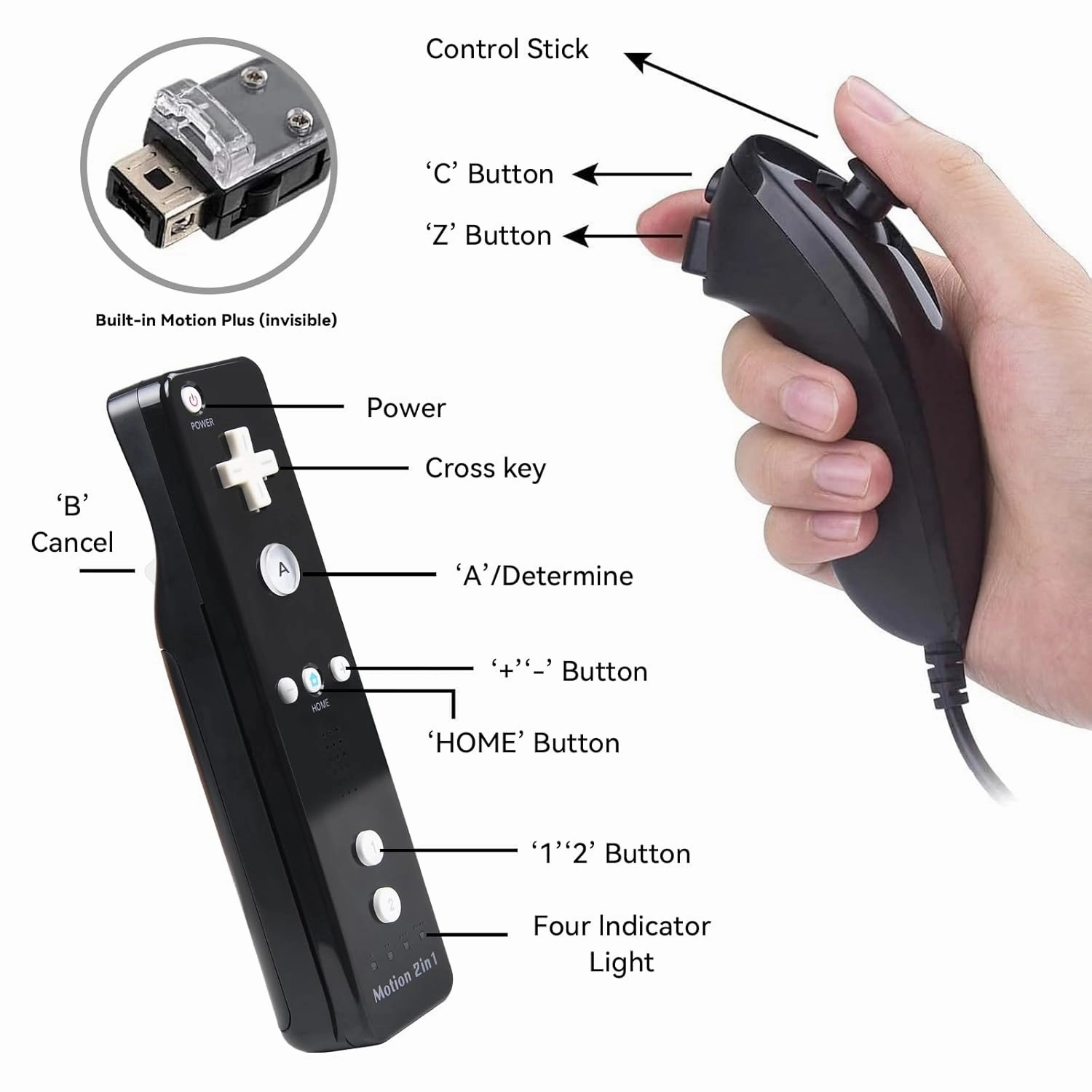 TechKen Wii Controller 2 Pack, Wii Motion Plus Controller with Nunchucks Wii Remote Controller Compatible with Nintendo Wii and Wii U, Built-in Motion Plus Wii Controller with Silicone Case and Wrist