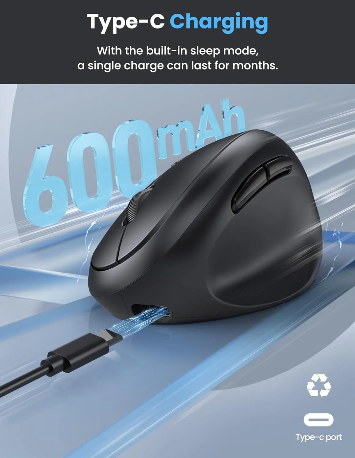 TECKNET Ergonomic Mouse, Bluetooth Wireless Vertical Mouse, Rechargeable Battery, Quiet Clicks, 4800 DPI Adjustable, BT5.0/3.0 & 2.4G Connect, Easy to use, Wide Compatibility - Black