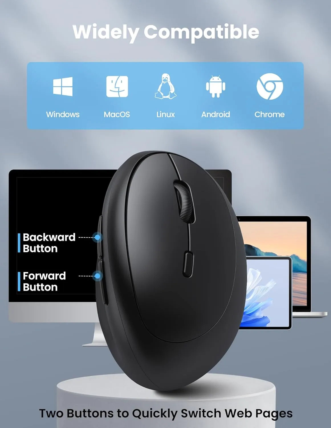 TECKNET Ergonomic Mouse, Bluetooth Wireless Vertical Mouse, Rechargeable Battery, Quiet Clicks, 4800 DPI Adjustable, BT5.0/3.0 & 2.4G Connect, Easy to use, Wide Compatibility - Black