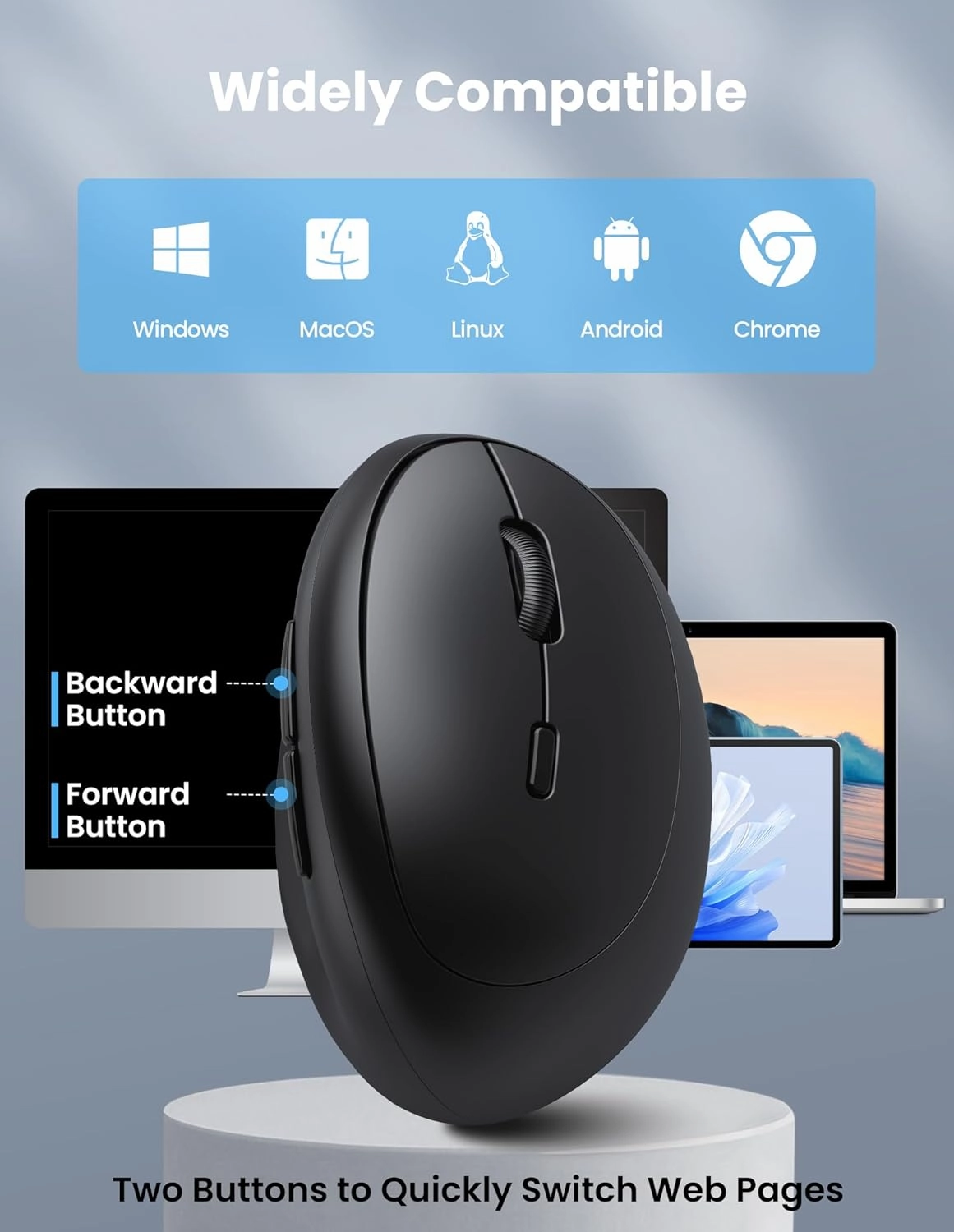 TECKNET Ergonomic Mouse, Bluetooth Wireless Vertical Mouse, Rechargeable Battery, Quiet Clicks, 4800 DPI Adjustable, BT5.0/3.0 & 2.4G Connect, Easy to use, Wide Compatibility - Black