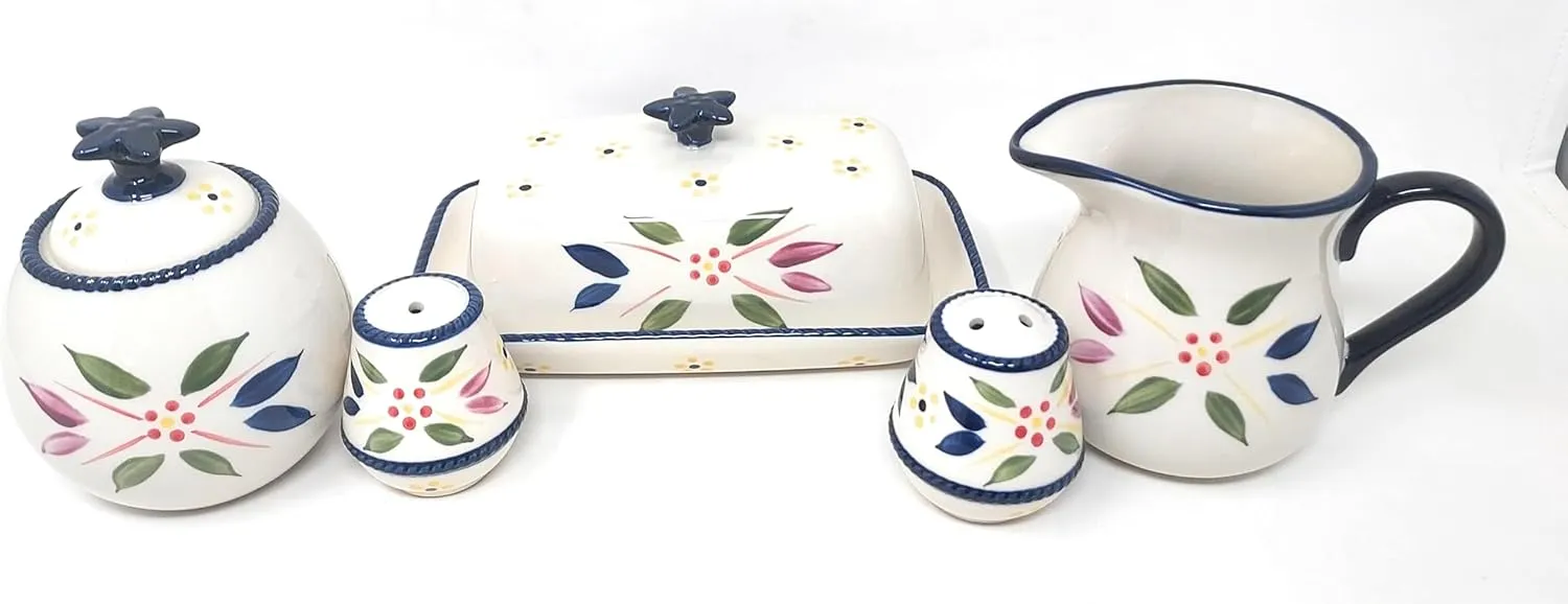 Temp-tations Covered Butter Dish, Sugar Bowl, Creamer/Gravy Pitcher, Salt & Pepper, Table Accessory Set (Old World Confetti), Various