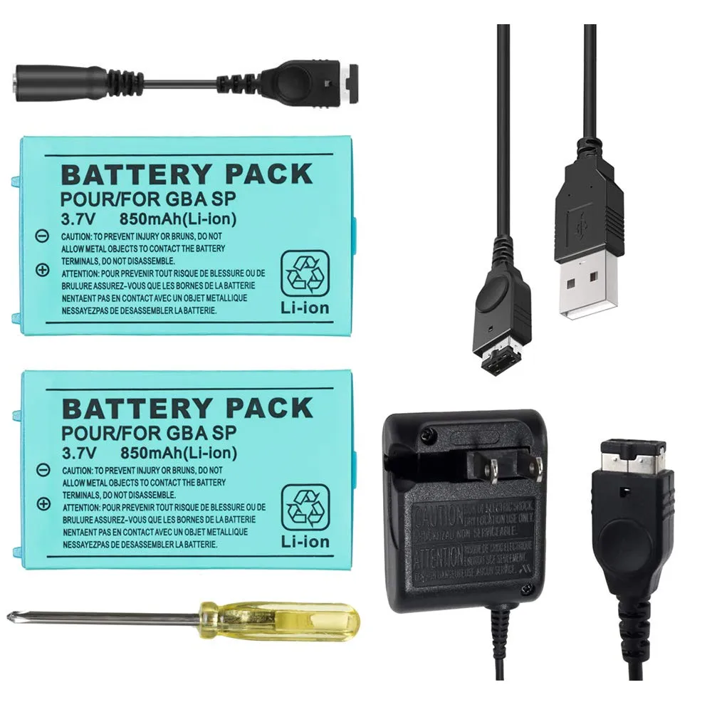 TFSeven 2Pcs Replacement Battery Compatible for Nintendo GBA SP 850mah 3.7V Rechargeable Lithium Ion   AC Adapter 5.2V 450mA Wall Charger Power Supply for GBA Sp Gameboy Anvance Accessories Bundle Kit
