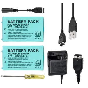 TFSeven 2Pcs Replacement Battery Compatible for Nintendo GBA SP 850mah 3.7V Rechargeable Lithium Ion   AC Adapter 5.2V 450mA Wall Charger Power Supply for GBA Sp Gameboy Anvance Accessories Bundle Kit