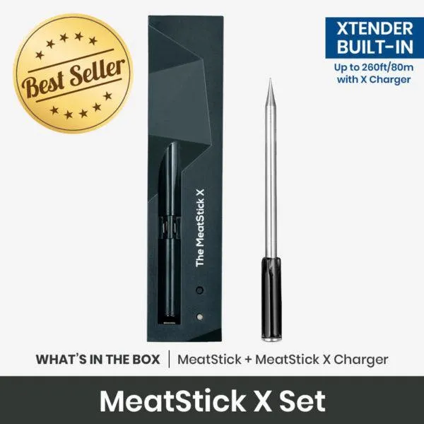 The MeatStick X Set: Advanced Wireless Meat Thermometer & Xtender Charger - 260 ft Range