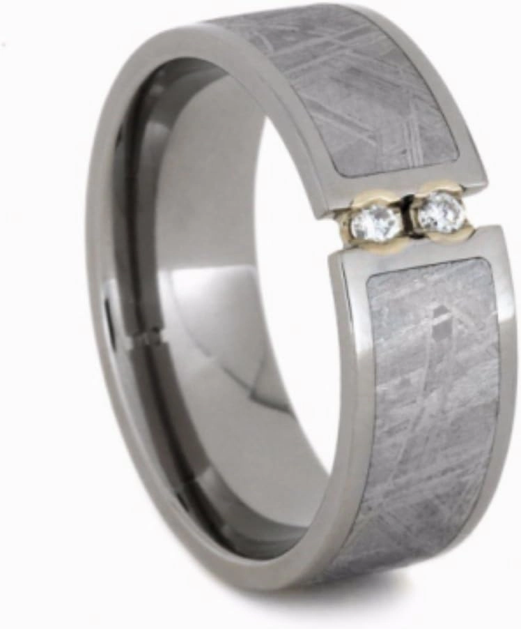 The Men's Jewelry Store (Unisex Jewelry) 2-Stone Tension Set White Sapphires, Gibeon Meteorite 8mm Comfort-Fit Titanium Wedding Band