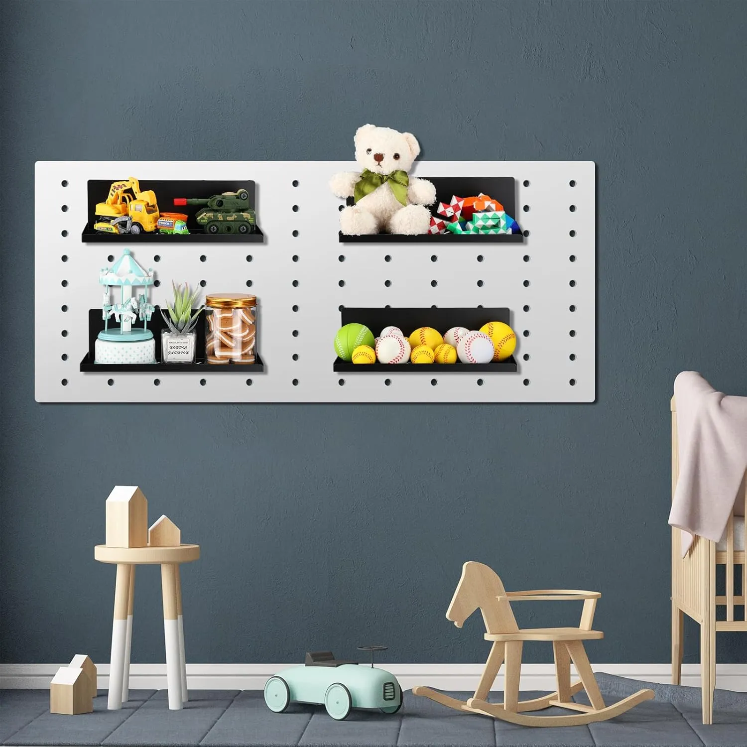 Therwen 4 Pack Magnetic Pegboard Shelves Wall Organizer Metal Pegboard Shelf Steel Tray Accessories Organizing Tools for Craft Home Kitchen(12 x 4.8 x 3.6 Inches,Black)