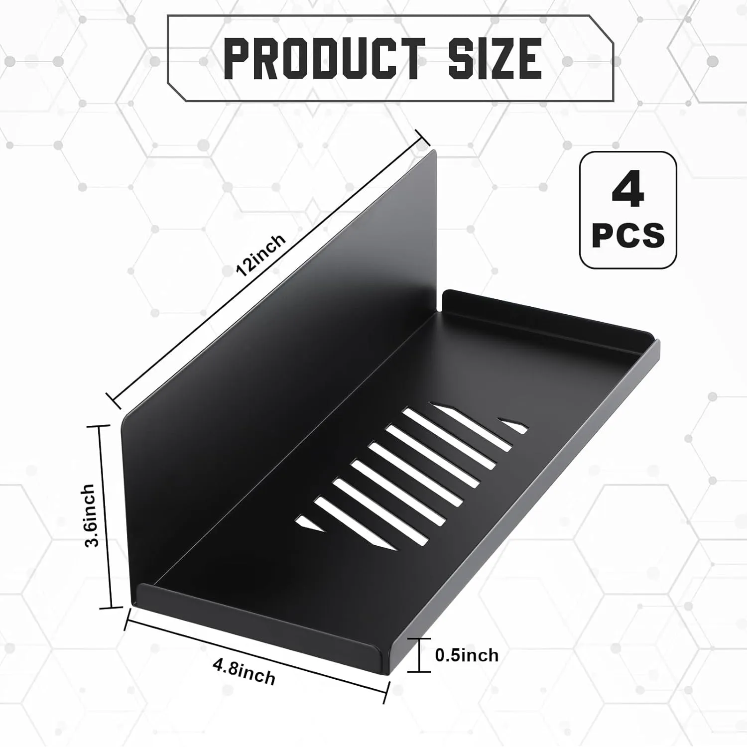 Therwen 4 Pack Magnetic Pegboard Shelves Wall Organizer Metal Pegboard Shelf Steel Tray Accessories Organizing Tools for Craft Home Kitchen(12 x 4.8 x 3.6 Inches,Black)