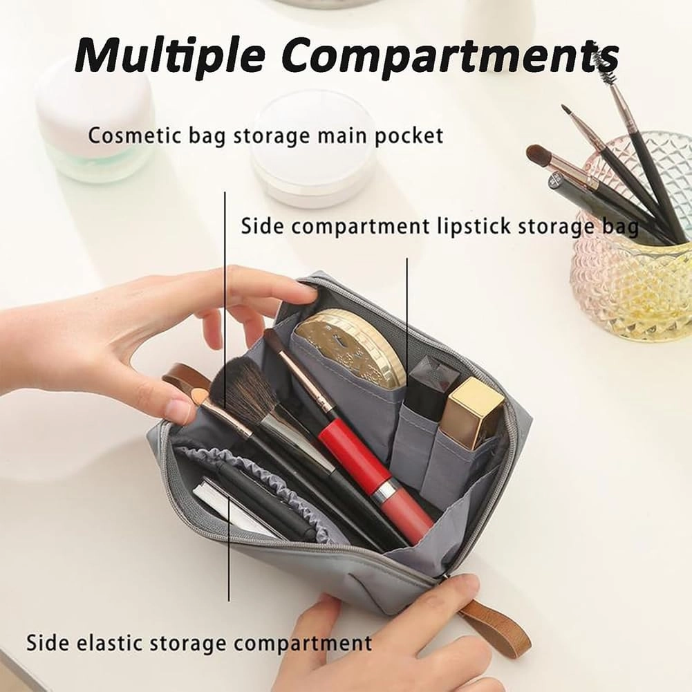 Tidynook Makeup Bag Small, Mini Portable Lipstick Makeup Pouch with Compartments, Simple Waterproof Cosmetic Bag for Purse, Aesthetic Handbag for Women and Girls (Blue Khaki)