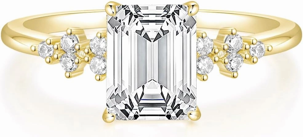 TIGRADE 3CT Engagement Ring for Women Emerald Cut Cubic Zirconia Promise Ring 14K Gold Plated CZ Eternity Wedding Band Size 3-11
