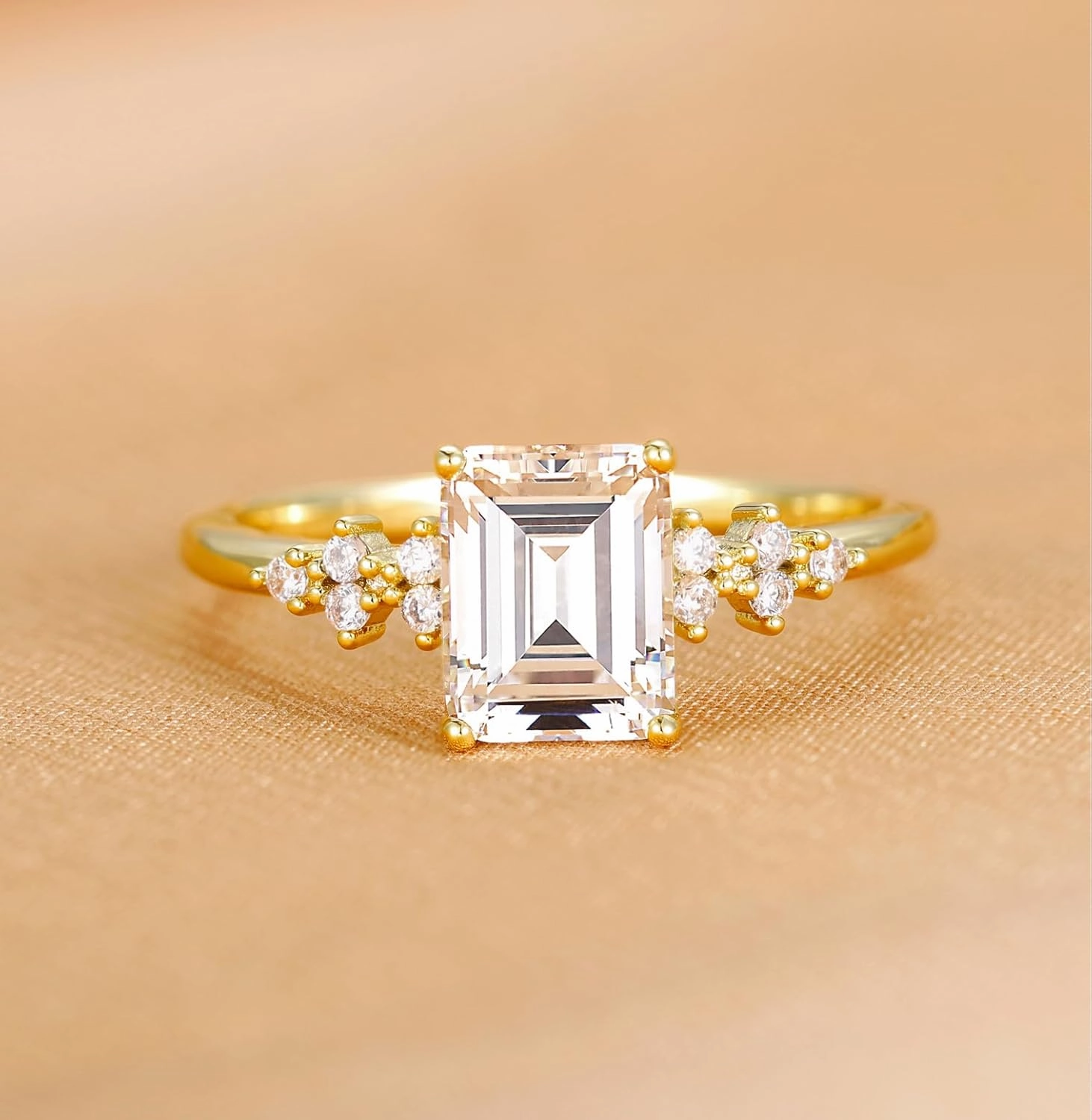 TIGRADE 3CT Engagement Ring for Women Emerald Cut Cubic Zirconia Promise Ring 14K Gold Plated CZ Eternity Wedding Band Size 3-11