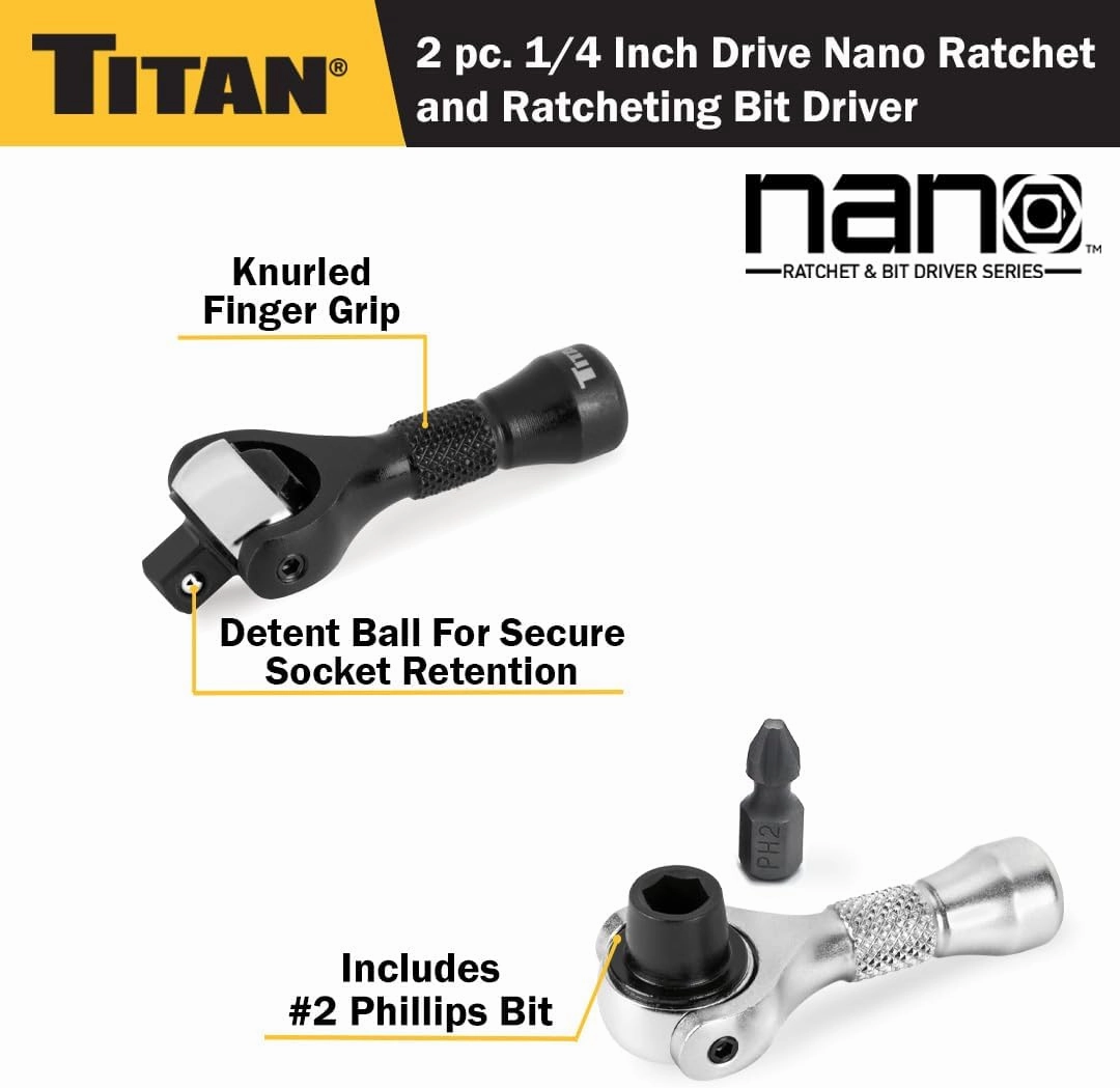 Titan 11332 2-Piece 1/4-Inch Drive x 2-1/4-Inch 90-Tooth Swivel Head Nano Ratchet and Ratcheting Bit Driver Set