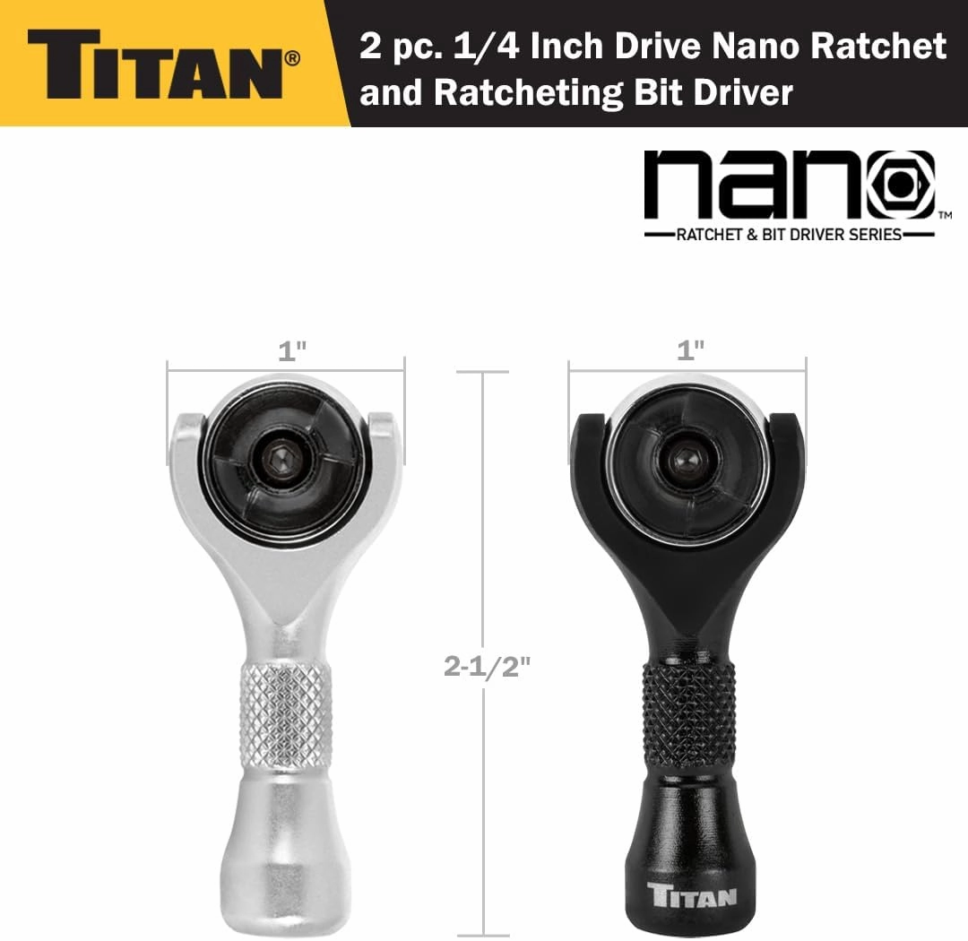 Titan 11332 2-Piece 1/4-Inch Drive x 2-1/4-Inch 90-Tooth Swivel Head Nano Ratchet and Ratcheting Bit Driver Set
