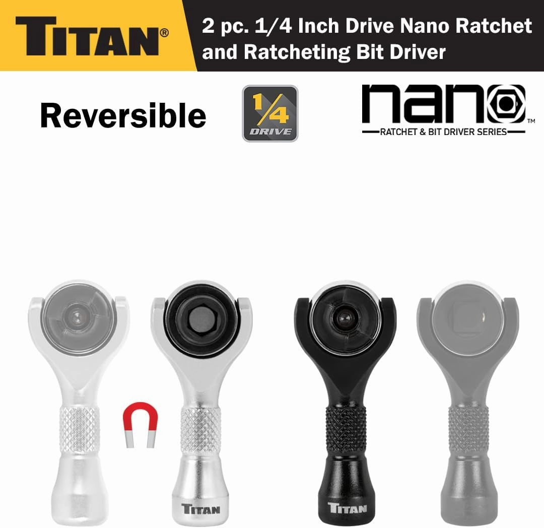 Titan 11332 2-Piece 1/4-Inch Drive x 2-1/4-Inch 90-Tooth Swivel Head Nano Ratchet and Ratcheting Bit Driver Set