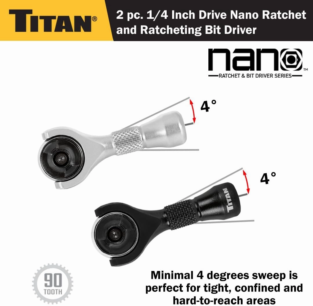 Titan 11332 2-Piece 1/4-Inch Drive x 2-1/4-Inch 90-Tooth Swivel Head Nano Ratchet and Ratcheting Bit Driver Set