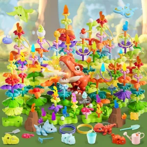 Toddler Toys for 3 4 5 6 7 Year Old Girls Boys, Dinosaur Flower Pretend Garden Building Blocks Kit Stacking Toy Set, Montessori STEM Toys for Preschool Kids Educational Activity, 164 PCS