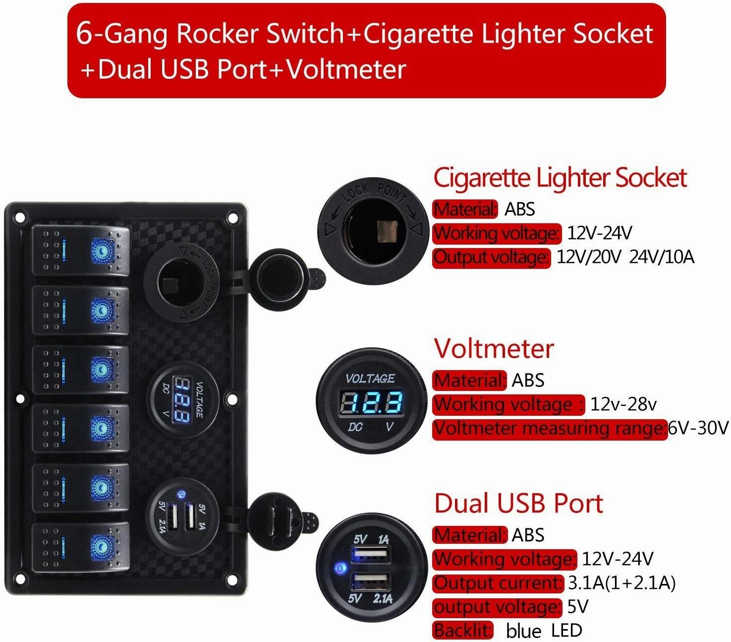 Toggle Switch Panel - MASO 12-24V 6 Gang Waterproof Dual USB Socket Charger Cigarette Lighter Socket Power Charge Adapter,for Yacht Boat Marine Rocker Car Truck RV etc.