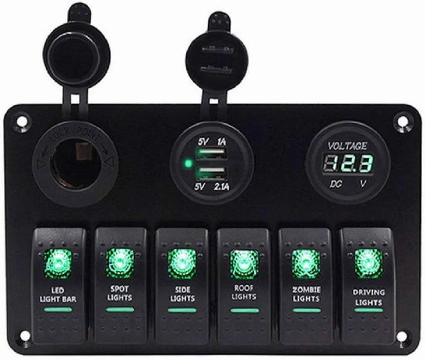 Toggle Switch Panel - MASO 12-24V 6 Gang Waterproof Dual USB Socket Charger Cigarette Lighter Socket Power Charge Adapter,for Yacht Boat Marine Rocker Car Truck RV etc.