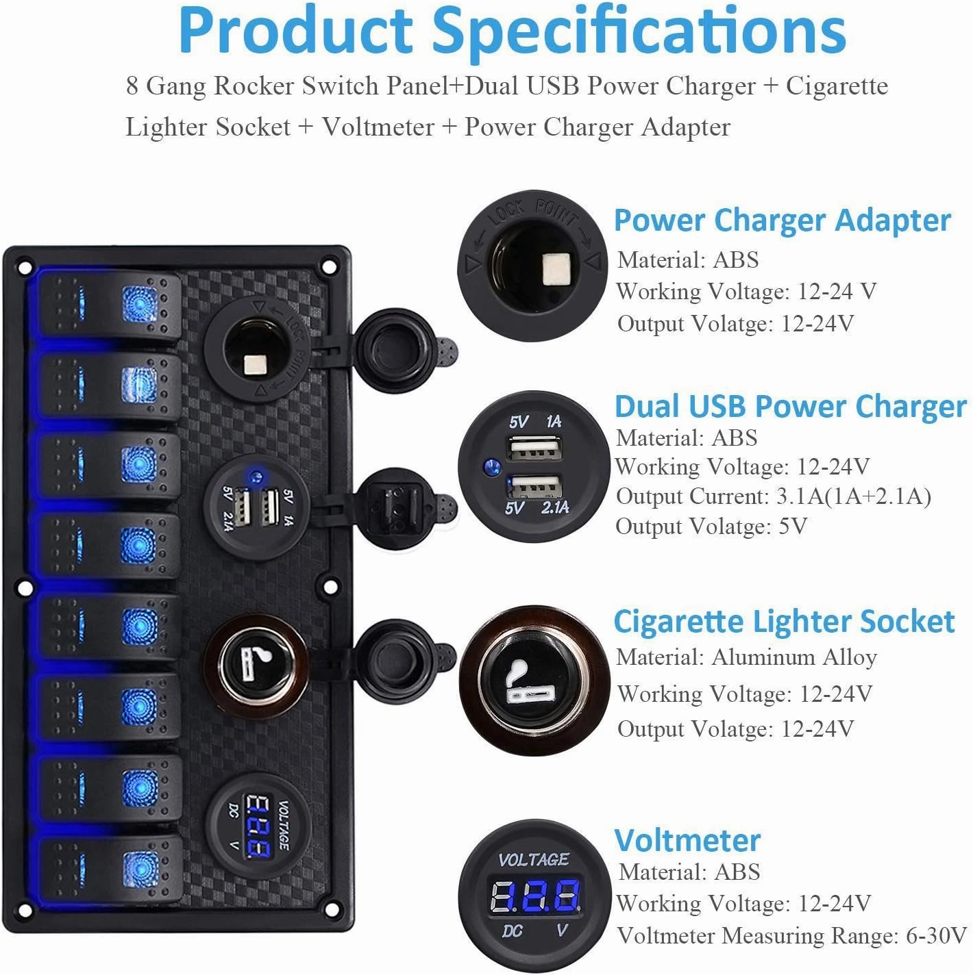 Toggle Switch Panel - MASO 12-24V 8 Gang Waterproof Dual USB Socket Charger Cigarette Lighter Socket Power Charge Adapter,for Yacht Boat Marine Rocker Car Truck RV etc.