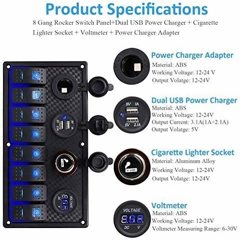 Toggle Switch Panel - MASO 12-24V 8 Gang Waterproof Dual USB Socket Charger Cigarette Lighter Socket Power Charge Adapter,for Yacht Boat Marine Rocker Car Truck RV etc.