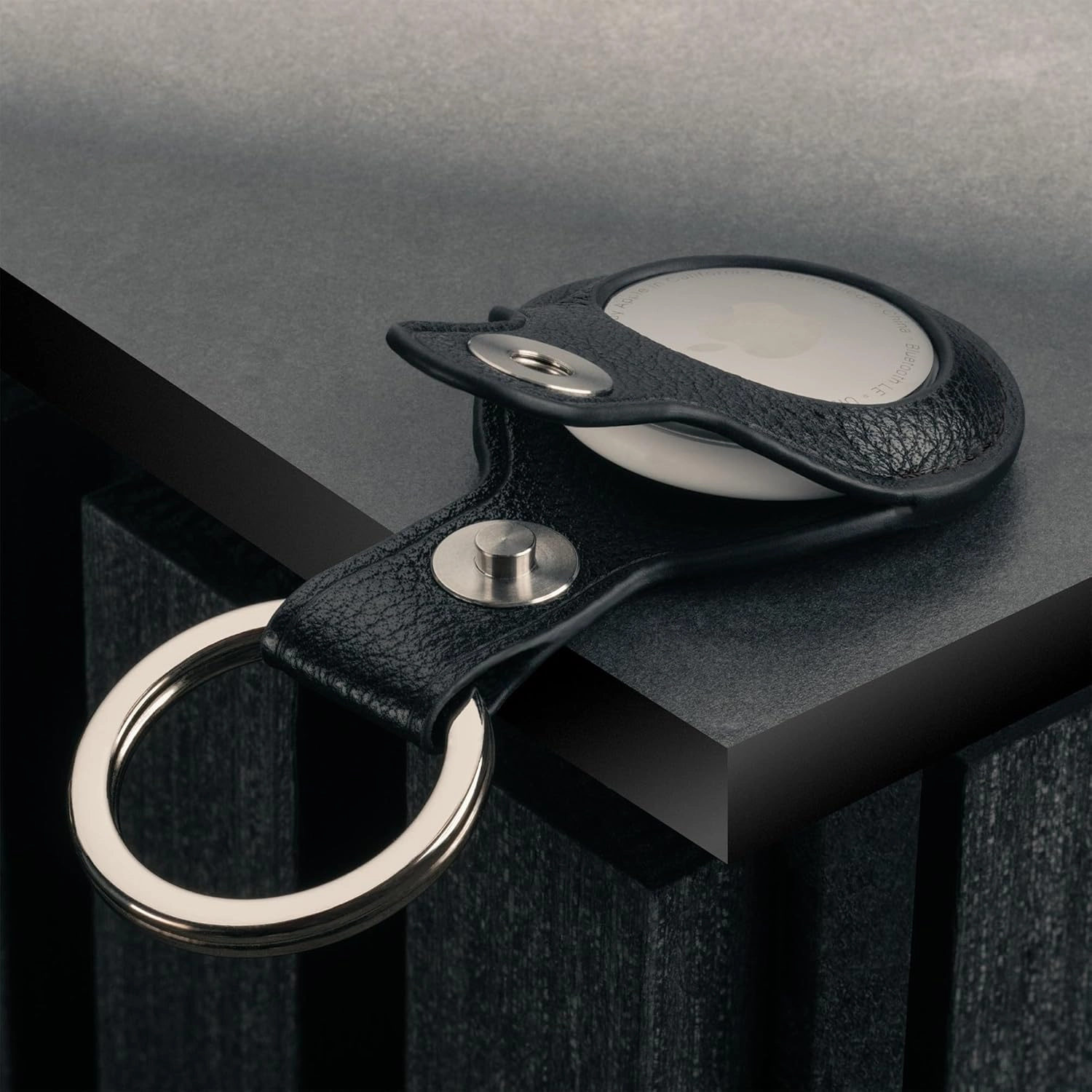 TORRO Genuine Leather AirTag Holder Keychain - Premium Leather Air Tag Case with Brushed Metal Key Ring (Black)