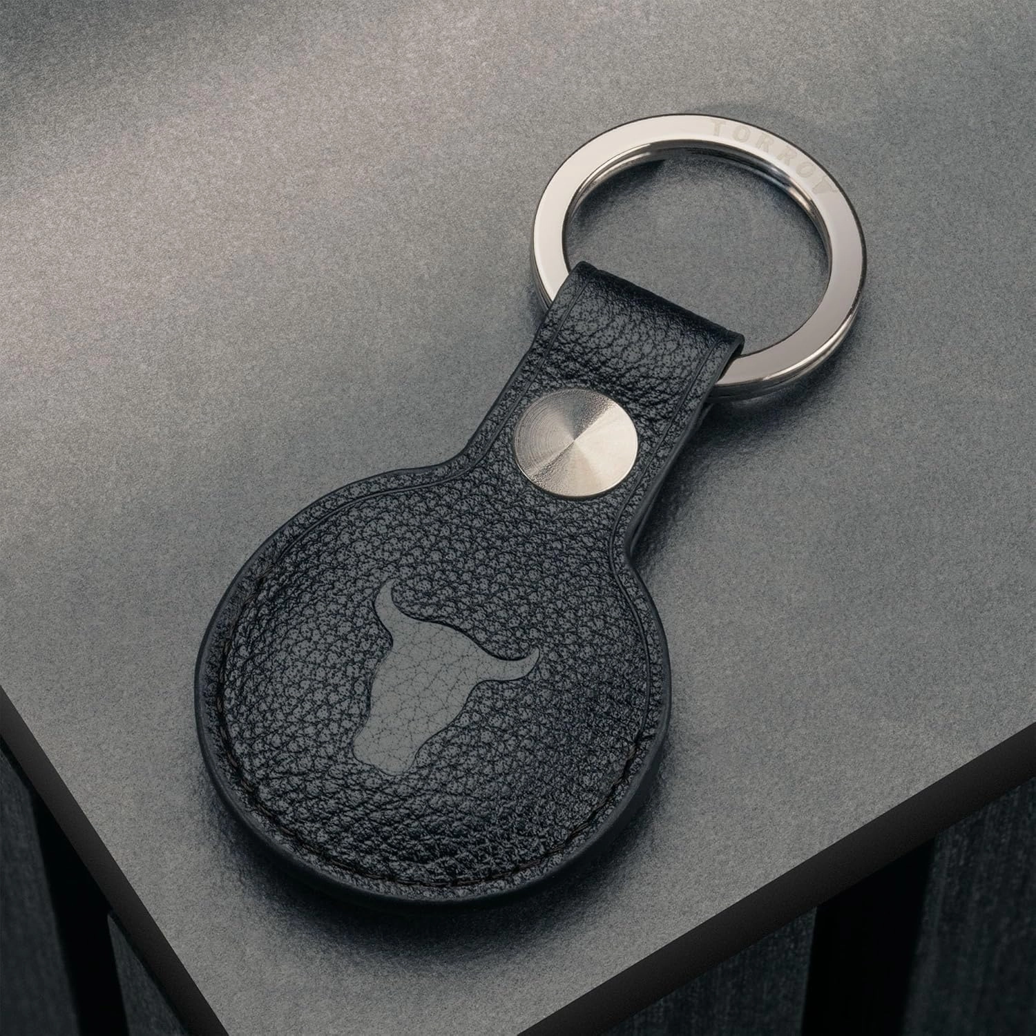 TORRO Genuine Leather AirTag Holder Keychain - Premium Leather Air Tag Case with Brushed Metal Key Ring (Black)