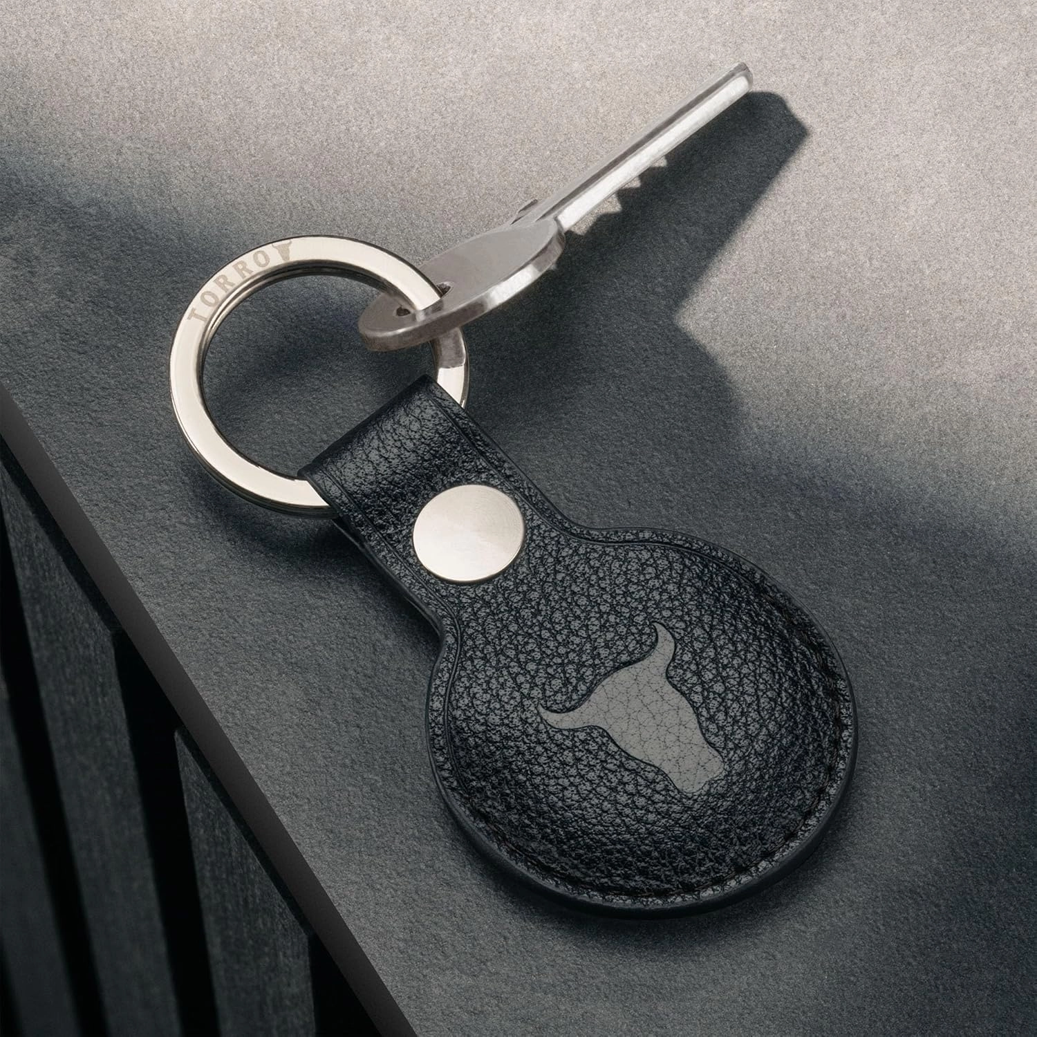 TORRO Genuine Leather AirTag Holder Keychain - Premium Leather Air Tag Case with Brushed Metal Key Ring (Black)