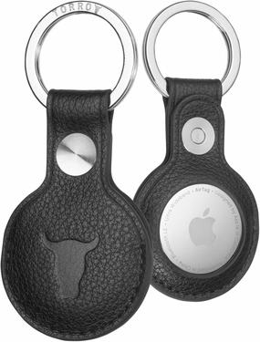 TORRO Genuine Leather AirTag Holder Keychain - Premium Leather Air Tag Case with Brushed Metal Key Ring (Black)
