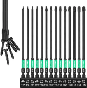 Torx Bit Set 14pc Impact Driver Bit Set, Magnetic Torx Screwdriver Set, 1/4 Torque Security Bits Sets, Tamper Proof t20 t25 t30, 6" Long (t7-t40) Star Screwdriver Bits Sets
