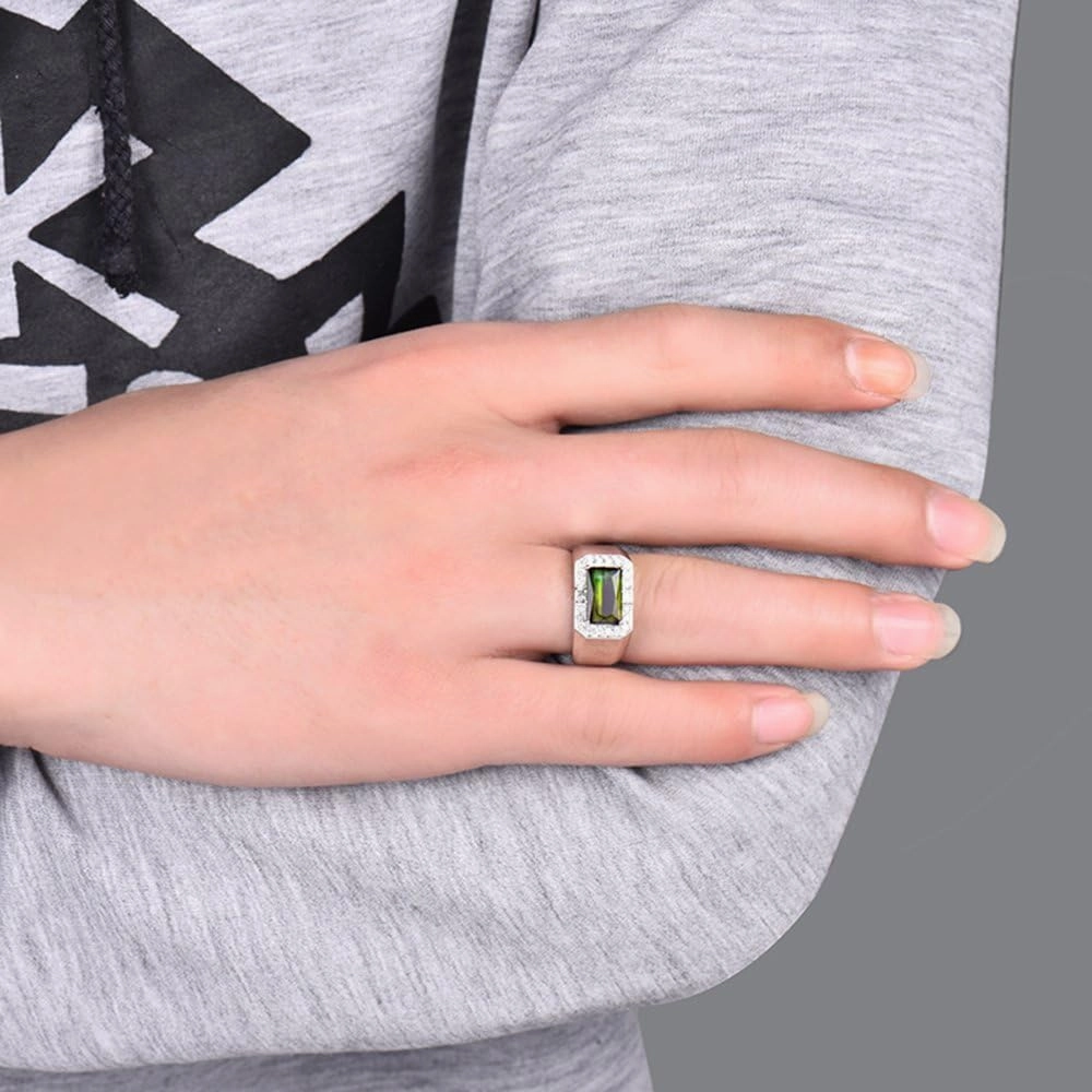 Tourmaline Ring For Men, 18K White Gold Rings - Green Tourmaline Ring with Diamond, Natural Tourmaline Green Stone Ring & Real Diamond Ring For Couple Engagement Ring