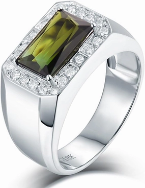 Tourmaline Ring For Men, 18K White Gold Rings - Green Tourmaline Ring with Diamond, Natural Tourmaline Green Stone Ring & Real Diamond Ring For Couple Engagement Ring